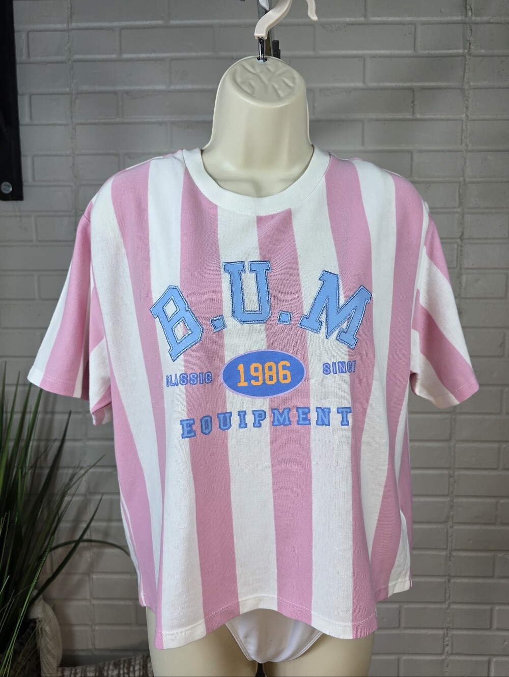BUM Equipment Pink and White Striped Graphic Blue Logo Cropped Tee Medium